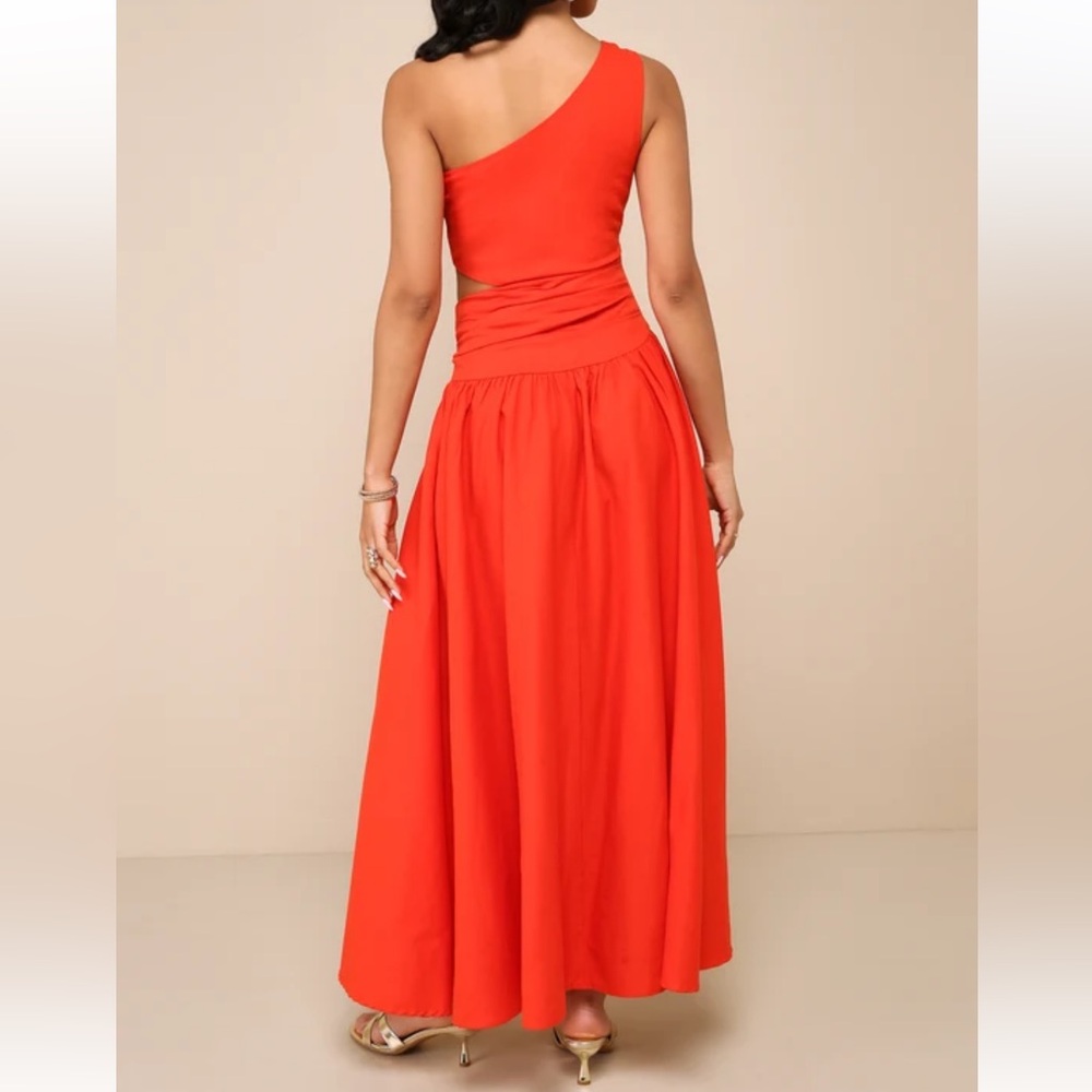 NWT Lulu's Cotton Sunny Persuasion Red Linen Cutout One-Shoulder Midi Dress XL - Picture 4 of 16